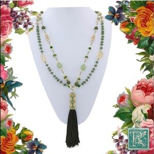 NWOT Sage Green Two Layer Long Beaded Tassel Necklace​